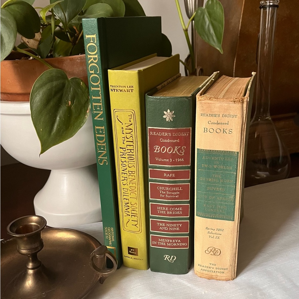Curated Book Stack Set Decorative Vintage Hardcover Shelf Filler Green Tones